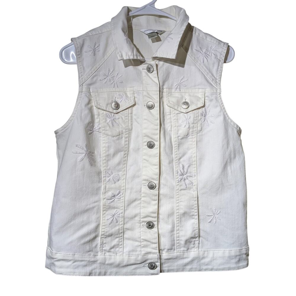 Christopher & Banks White Denim Silver Tone Button Front Flower Color Vest Sz S